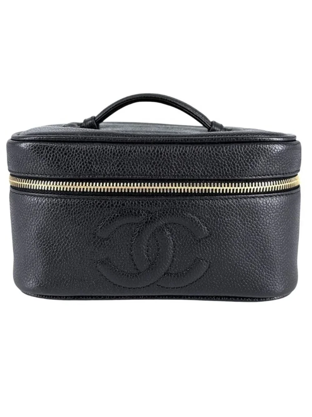 Chanel Vanity Makeup Pouch Vintage CC Logo Caviar Leather Black Gold